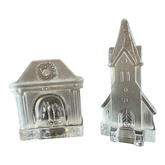 Vtg 1990s–2000s Nybro Sweden Glass Tealight Holders – Fireplace & Church, Scandi - Picture 3 of 5